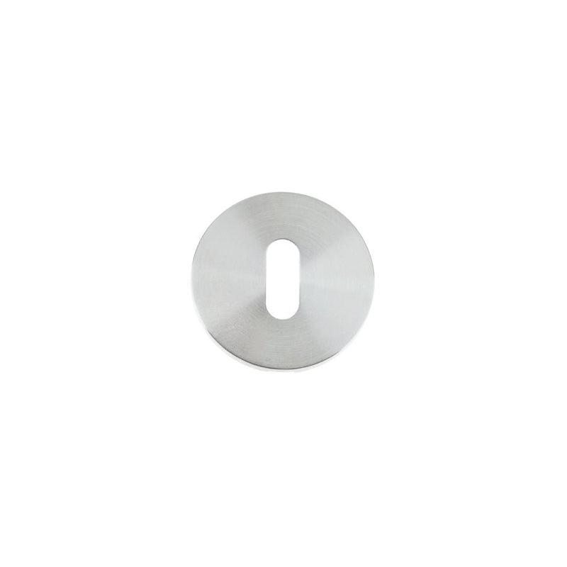 Zoo Hardware Standard Profile Escutcheon in a stainless steel finish, featuring a round shape with a keyhole opening in the center for door hardware installation.