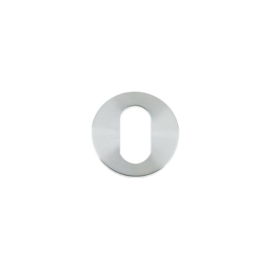 Zoo Hardware Oval Profile Escutcheon in a sleek stainless steel finish, featuring an oval shape with a central keyway cutout.