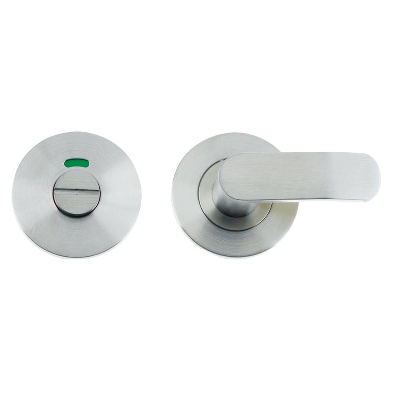 Zoo Hardware Turn and Release on Round Rose, featuring a satin stainless steel finish with a circular rose design and lever handle, including a thumb turn with a green indicator.
