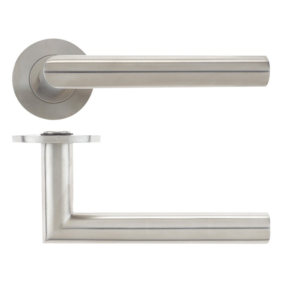 Zoo Hardware 19mm Mitred Lever in brushed stainless steel, featuring a sleek design with a round rose and a rectangular handle for easy grip.