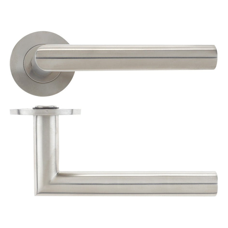 Zoo Hardware 19mm Mitred Lever in brushed stainless steel, featuring a sleek design with a round rose and a rectangular handle for easy grip.
