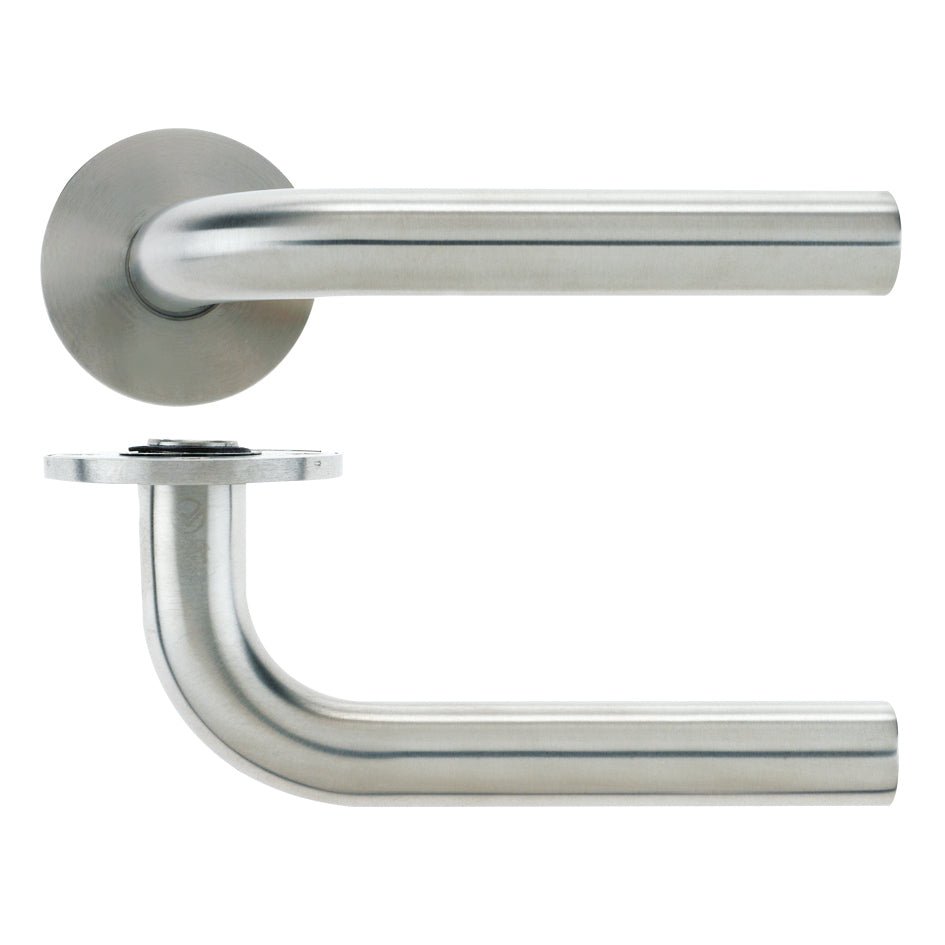 Zoo Hardware 19mm Radius Lever in stainless steel, featuring a smooth round handle design and a flat circular plate for installation. The lever has a sleek and simple design suitable for various door applications.