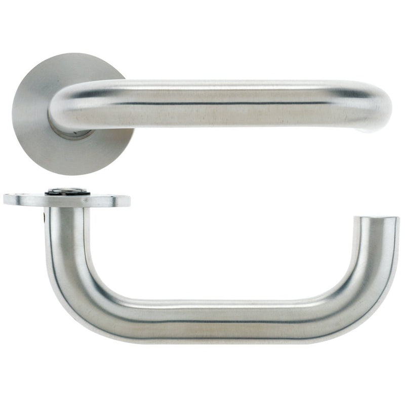 Zoo Hardware 19mm Return to Door Lever in stainless steel, featuring a curved handle design and round mounting plates for secure installation.
