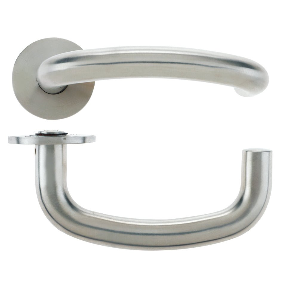Zoo Hardware 19mm Arched Return to Door Lever in brushed stainless steel, featuring a sleek, curved handle design and a round mounting plate for easy installation.