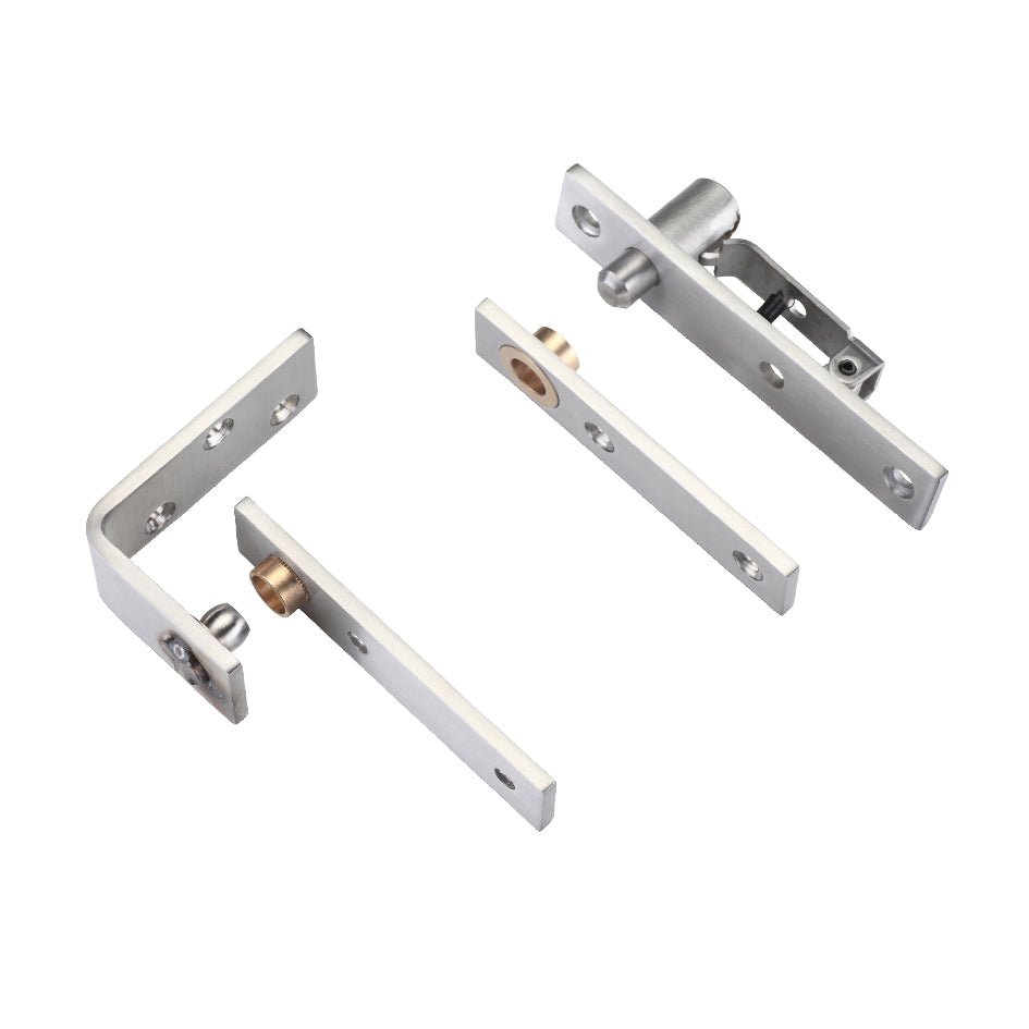 Zoo Hardware Square Pivot Hinge Set in Grade 304 SSS with a satin stainless steel finish, includes two hinge pieces and a pivot mechanism, designed for smooth door movement.