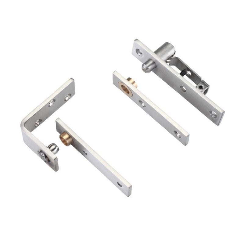 Zoo Hardware Square Pivot Hinge Set in Grade 304 SSS with a satin stainless steel finish, includes two hinge pieces and a pivot mechanism, designed for smooth door movement.