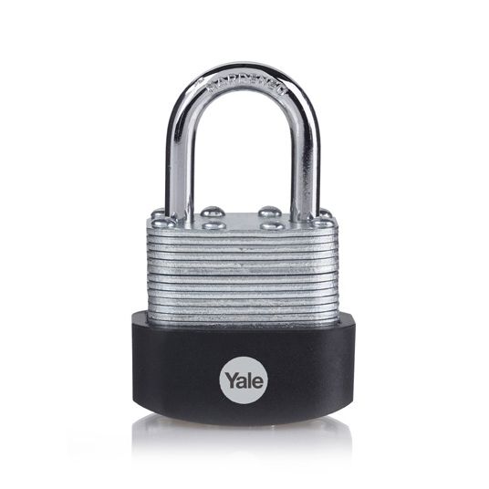 Carlisle Brass Laminated & Weatherproof Padlock featuring a chrome-plated shackle and a black body. The padlock has a robust design for added security, suitable for outdoor use.