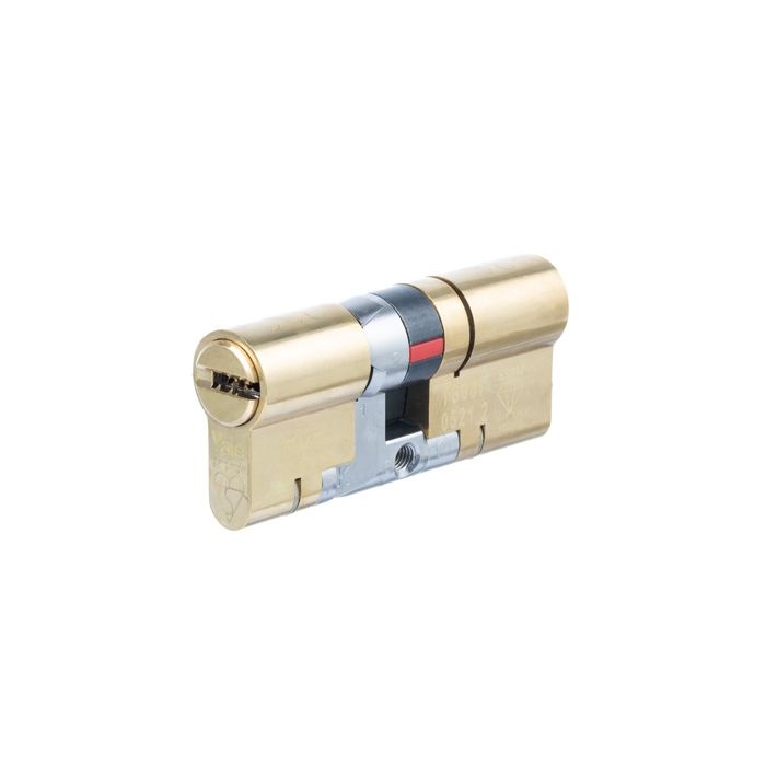 Carlisle Brass Yale Platinum 3 Star Cylinder in brass finish, designed with a robust locking mechanism visible on one side, featuring a central color band and two key entry points.