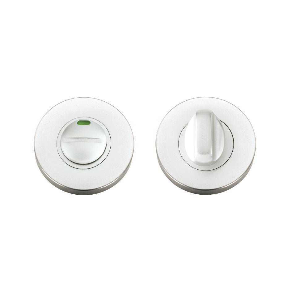 Zoo Hardware Turn and Release complete with escutcheons, featuring a 53mm diameter and a 5mm spindle. The design includes an indicator and a simple turn mechanism for secure locking.