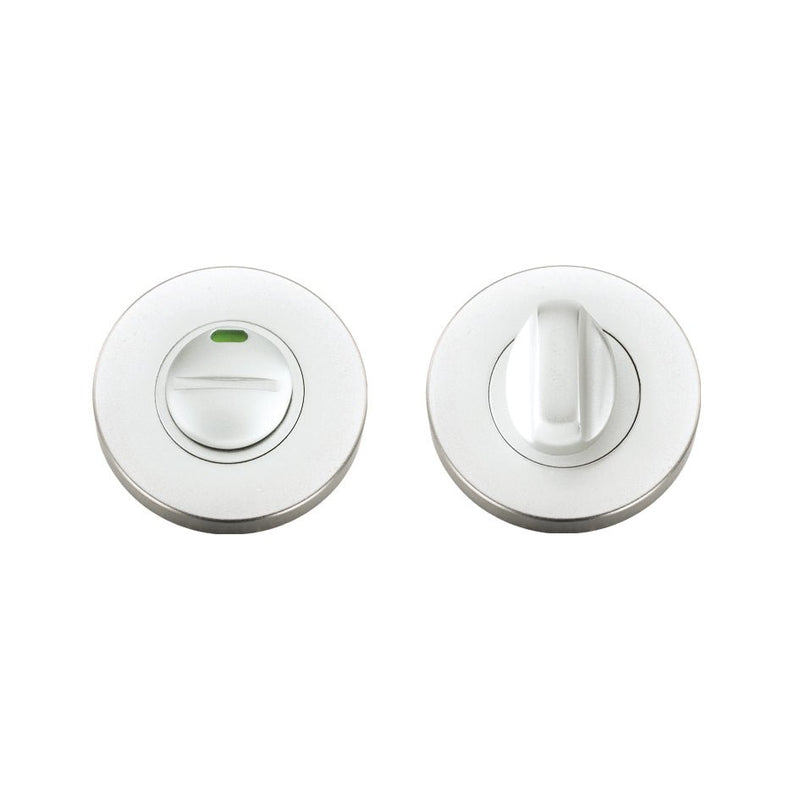 Zoo Hardware Turn and Release complete with escutcheons, featuring a 53mm diameter and a 5mm spindle. The design includes an indicator and a simple turn mechanism for secure locking.