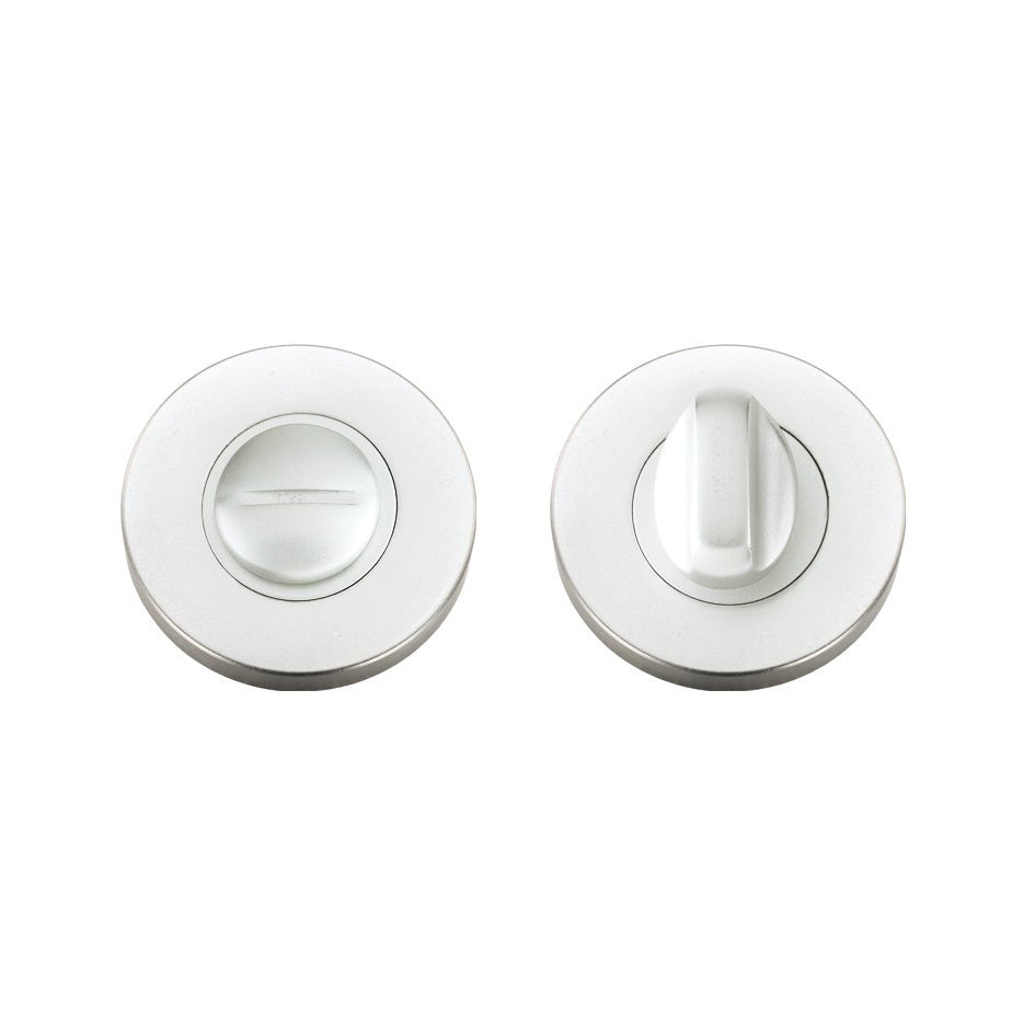 Zoo Hardware Turn and Release with Escutcheons and 5mm Spindle, featuring a 53mm diameter, finished in a sleek metallic look with a smooth turn mechanism on one side and a release slot on the other, suitable for privacy doors.