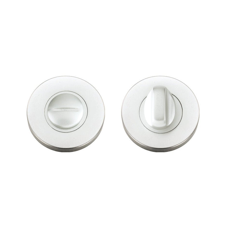Zoo Hardware Turn and Release with Escutcheons and 5mm Spindle, featuring a 53mm diameter, finished in a sleek metallic look with a smooth turn mechanism on one side and a release slot on the other, suitable for privacy doors.
