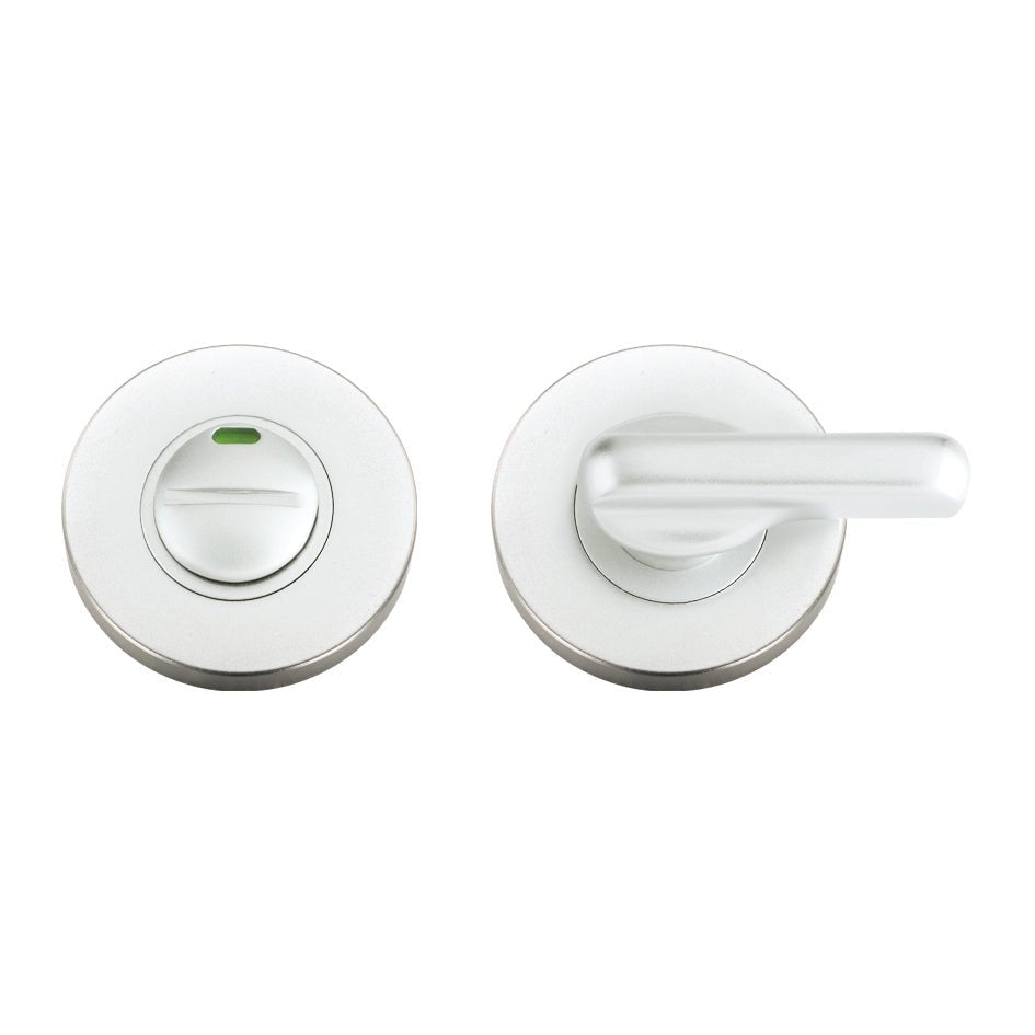 Zoo Hardware Disabled Turn and Release with Indicator, complete with escutcheons and a 5mm spindle, featuring a round design with a diameter of 53mm and a metallic finish, shown with a lever handle.