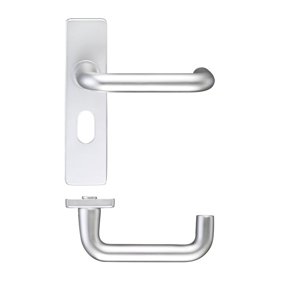 Zoo Hardware Return to Door Lever on Oval Profile Backplate (48.5mm) in a brushed aluminum finish, featuring a curved lever handle mounted on a rectangular backplate with a cut-out for a latch.