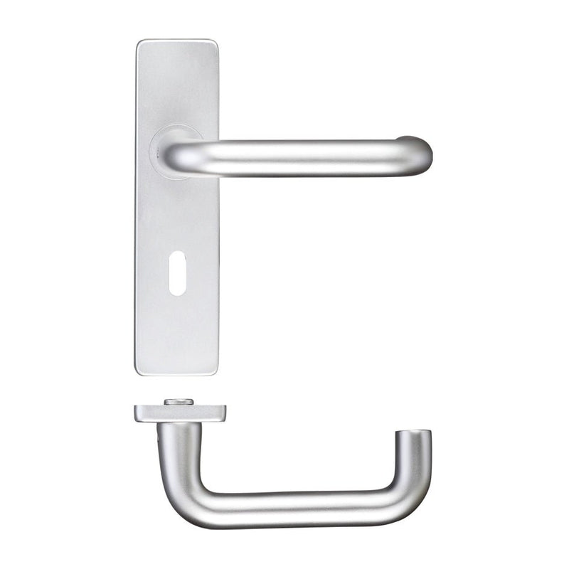 Zoo Hardware Return to Door Lever on Lock Backplate in a brushed aluminum finish, featuring a curved lever handle and a rectangular backplate design, suitable for enhancing door security.
