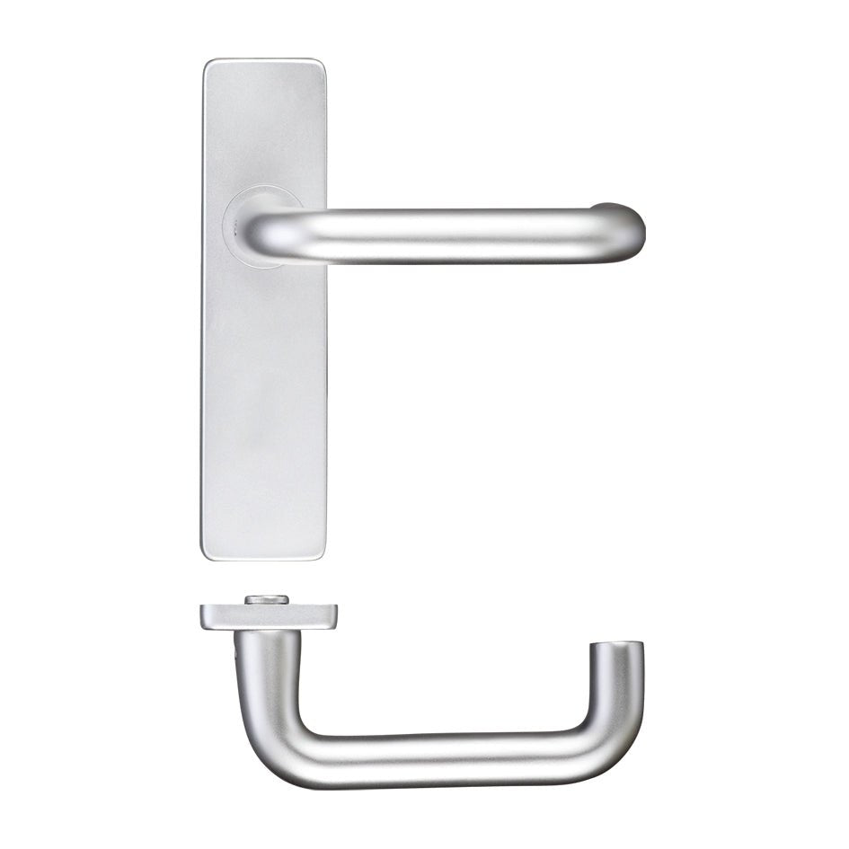 Zoo Hardware Return to Door Lever on Latch Backplate in a brushed silver finish, featuring a curved lever design mounted on a rectangular backplate with a latch mechanism.