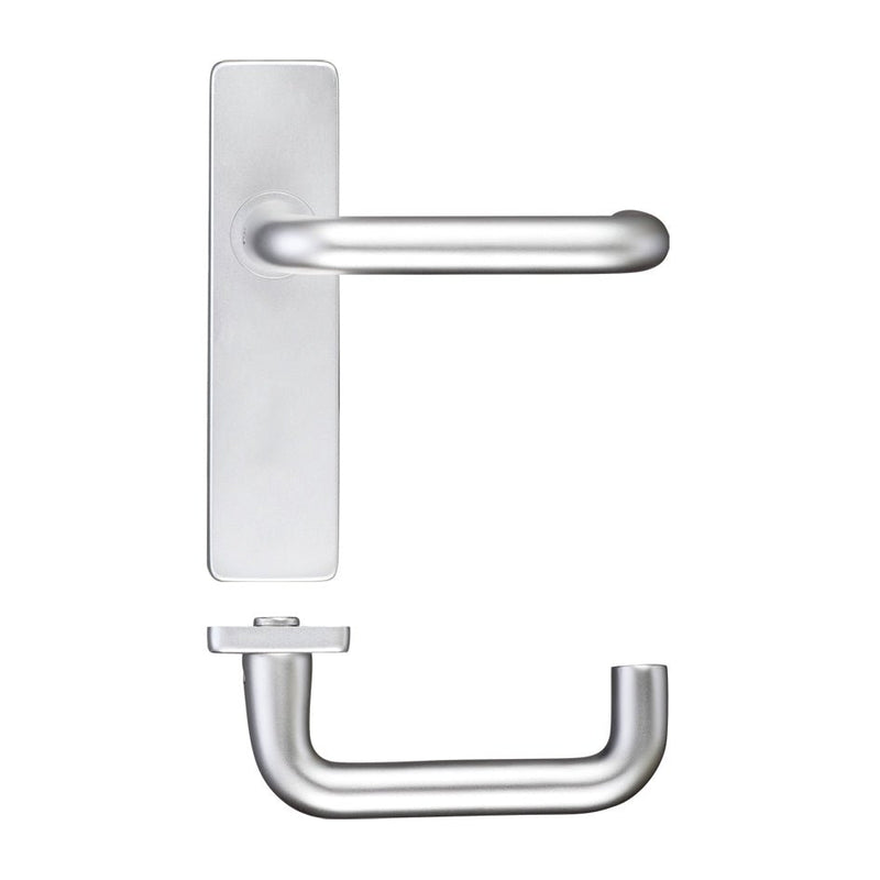 Zoo Hardware Return to Door Lever on Latch Backplate in a brushed silver finish, featuring a curved lever design mounted on a rectangular backplate with a latch mechanism.