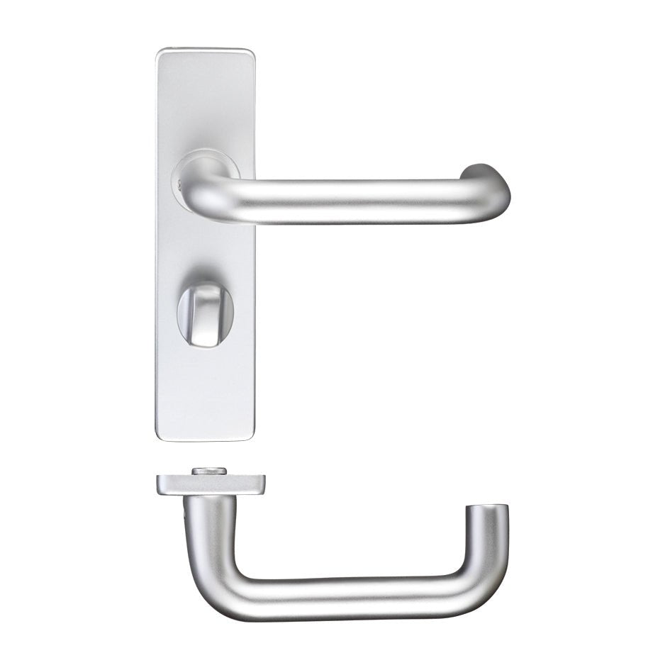 Zoo Hardware Return to Door Lever on Bathroom Backplate in a satin nickel finish, featuring a curved lever design and a rectangular backplate for installation.