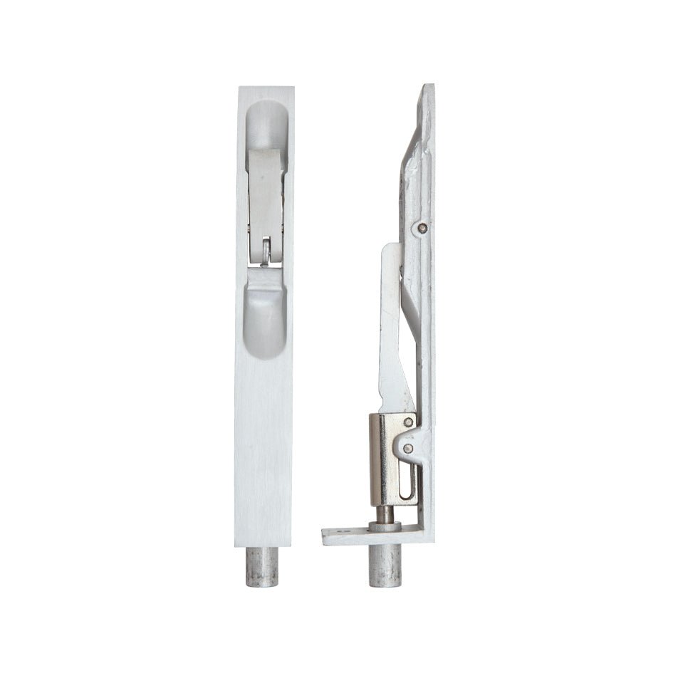 Zoo Hardware Lever Action Flush Bolt measuring 20 x 150mm, featuring a silver tone metal construction with a simple lever mechanism for secure locking.
