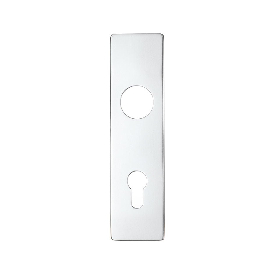 Zoo Hardware Spare Push on Euro Profile Backplate for Aluminium in a polished chrome finish, designed with a circular hole and keyhole for locking mechanisms.