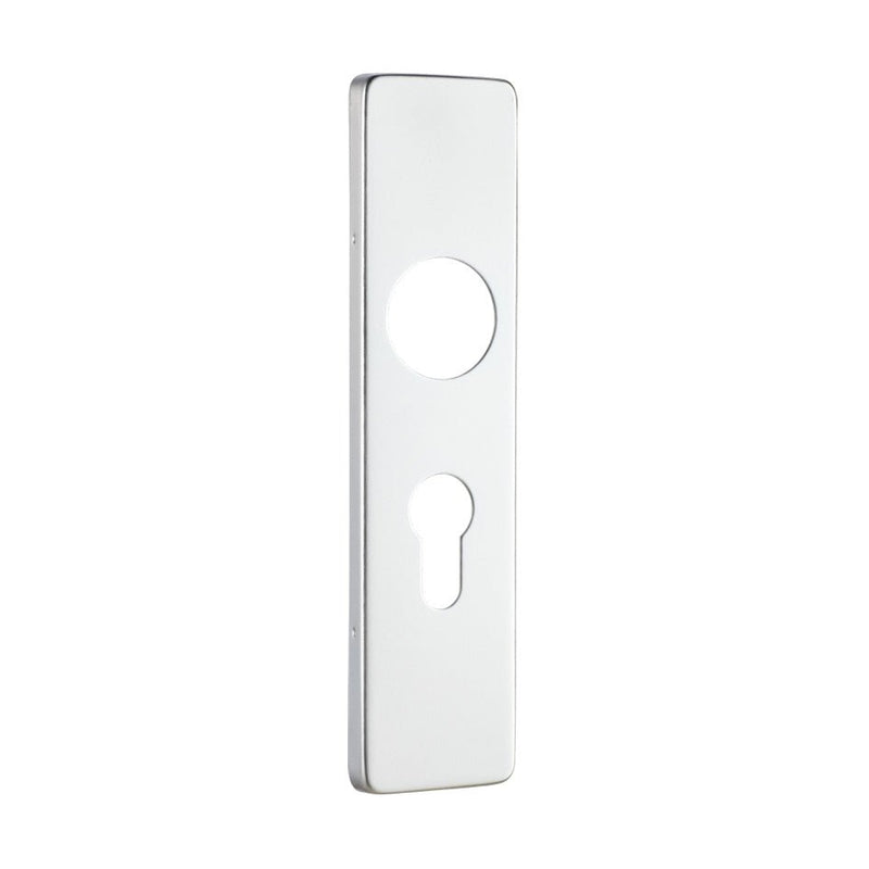 Zoo Hardware Spare Push on Euro Profile Backplate for Aluminium in a polished silver finish, featuring a rectangular design with a large keyhole opening and a circular hole for the cylinder.