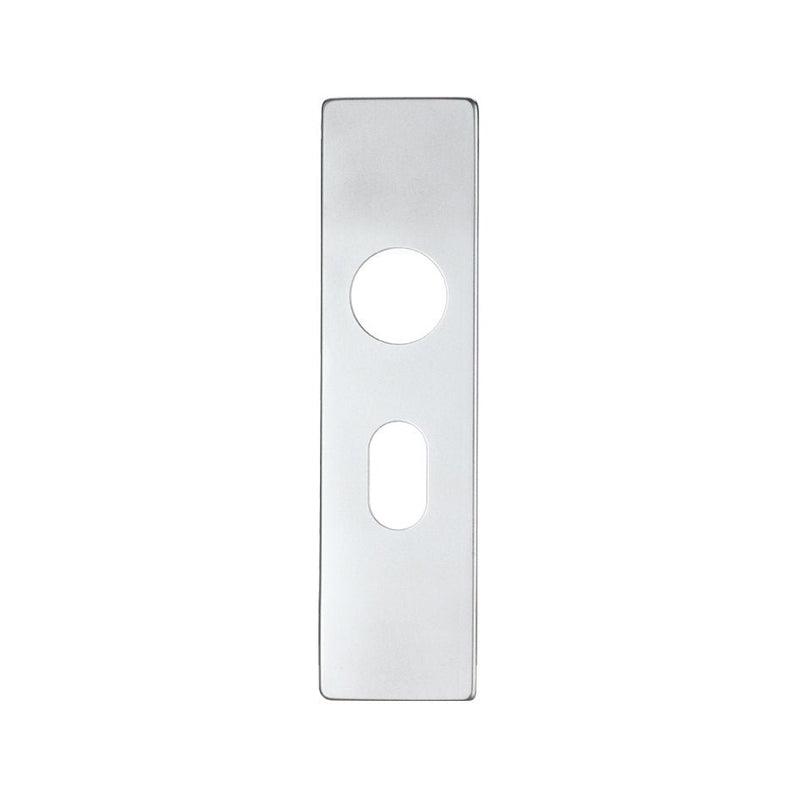 Zoo Hardware Spare Push on Oval Backplate for Aluminium, featuring a sleek silver finish, designed with a circular and elongated cutout for handle placement.