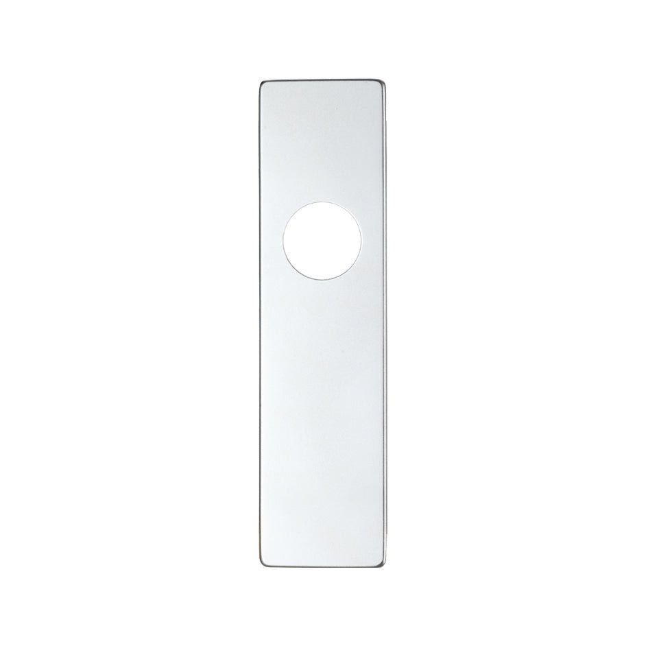 Zoo Hardware Spare Push on Latch Backplate for Aluminium in a rectangular shape featuring a central circular hole, with a smooth metallic finish that reflects light.