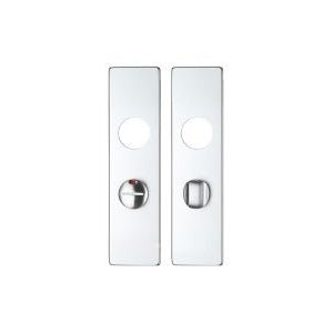 Zoo Hardware Spare Push on Bathroom Backplate for Aluminium featuring a turn and release mechanism, shown in polished chrome finish with two rectangular plates, one with a keyhole and the other with a knob.