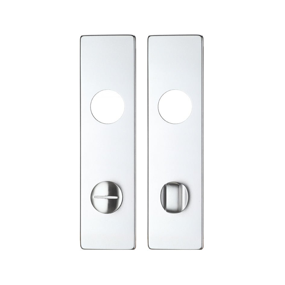 Love Handles uk Escutcheon - Lock Profile On Concealed Fix Round Rose with a polished chrome finish, featuring two vertical plates with circular cutouts and a thumb turn mechanism.