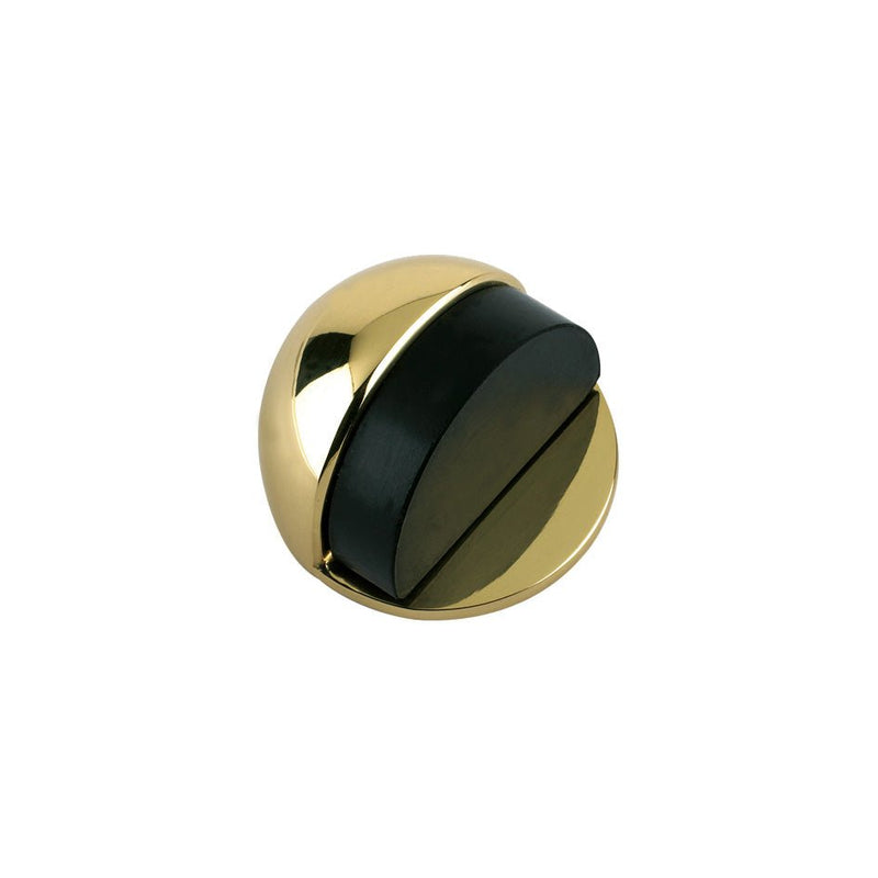 Zoo Hardware Door Stop - Floor Mounted - Oval with a 45mm diameter, featuring a black rubber section and a shiny gold metal housing, designed to prevent doors from closing fully.