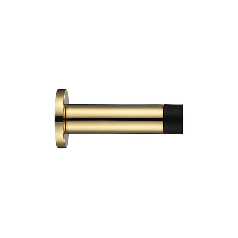 Zoo Hardware Door Stop - Cylinder c/w Rose 70mm in a polished gold finish, featuring a cylinder shape with a round rose base and a black rubber stop at the end.
