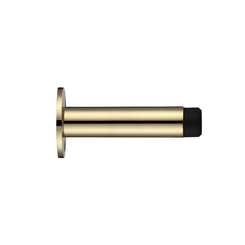 Zoo Hardware Door Stop - Cylinder with Rose 70mm - Face Fix in a polished gold finish with a cylindrical body and a black rubber tip for sound dampening.