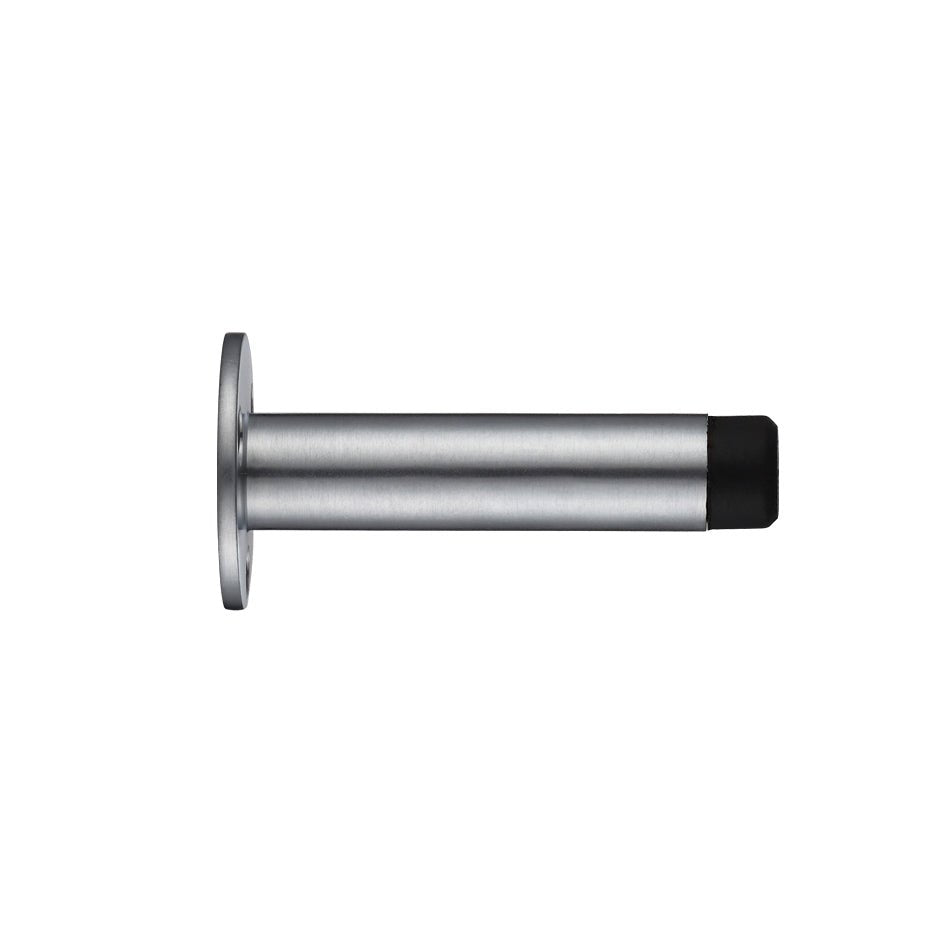 Zoo Hardware Door Stop - Cylinder with Rose 70mm - Face Fix in a metallic silver finish, featuring a cylindrical body and a rubber tip for door protection.