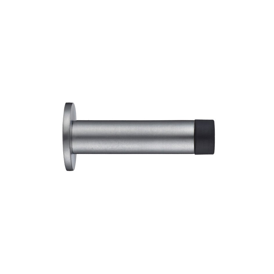 Zoo Hardware Door Stop - Cylinder c/w Rose 70mm in silver finish, featuring a cylindrical body with a flat circular rose at one end and a black rubber tip at the other end.