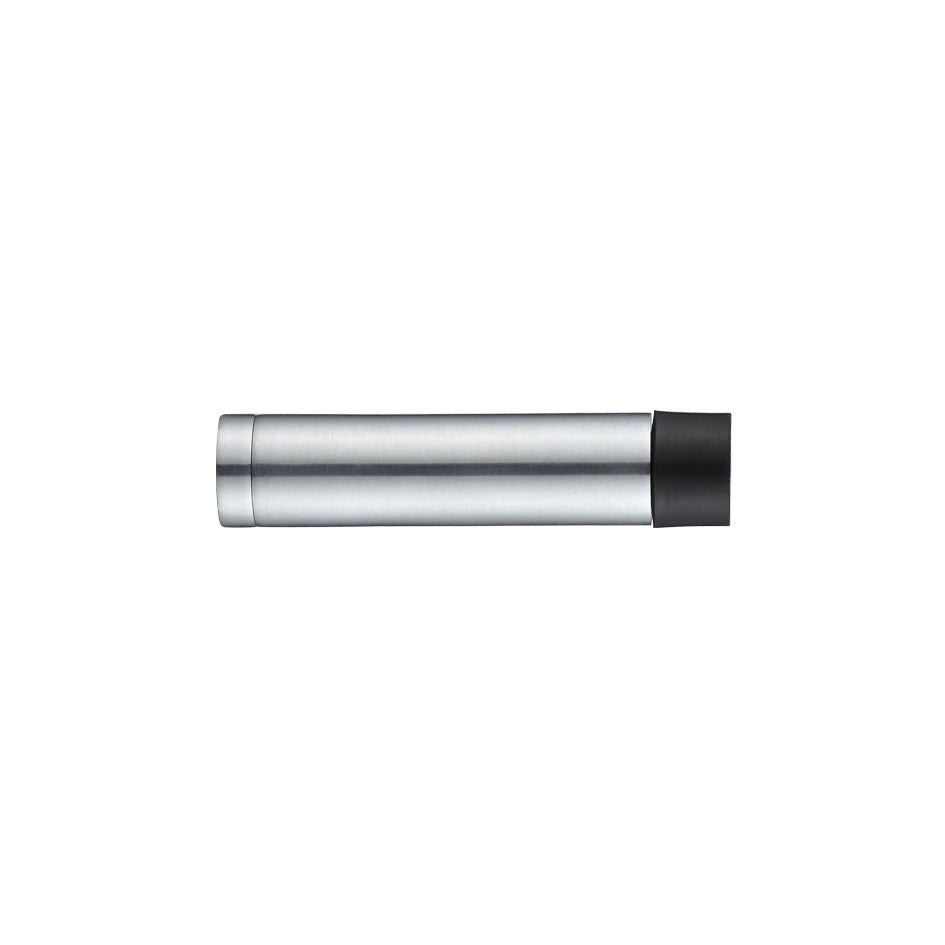 Zoo Hardware Door Stop - Cylinder without Rose 70mm in silver with a cylindrical metal body and a black rubber end to absorb impact.