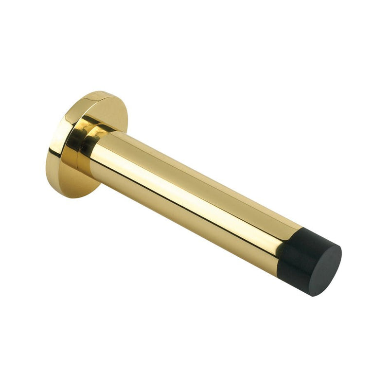 Zoo Hardware Door Stop - Cylinder c/w Rose 80mm in a polished gold finish with a black rubber bottom, designed to hold doors open securely.