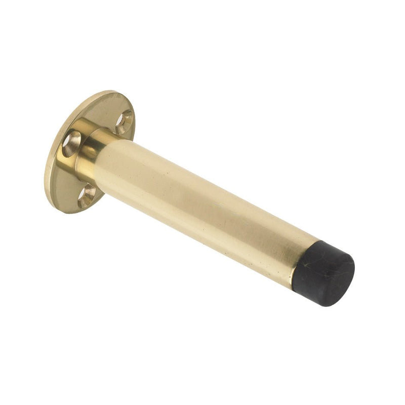 Zoo Hardware Door Stop - Cylinder with Rose 90mm - Face Fix is a brass door stop featuring a cylindrical shape and a black rubber end, designed for face fixing with a circular rose plate.
