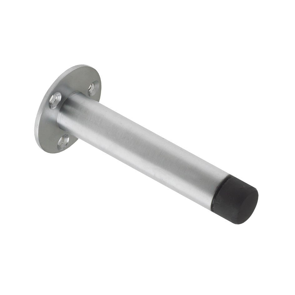 Zoo Hardware Door Stop - Cylinder with Rose 90mm - Face Fix in silver, featuring a cylindrical metal body and a black rubber tip for door protection, designed for face mounting with a round base plate.