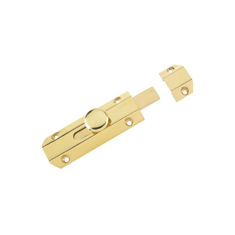 Zoo Hardware Surface Bolt 102mm in a polished brass finish, featuring a round thumb turn and two mounting plates. This surface bolt is designed for enhanced security on doors and gates.