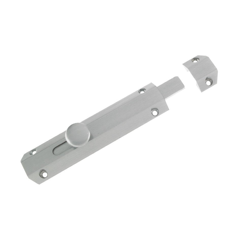 Zoo Hardware Surface Bolt 150mm in silver finish, made of metal with a round knob for sliding mechanism, shown with the bolt and removable end cap.