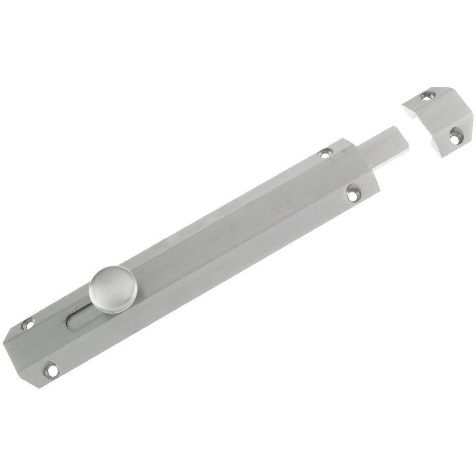 Zoo Hardware Surface Bolt 202mm in a silver finish, featuring a sliding mechanism and a round knob, designed for securing doors or gates. Includes a removable end cap for installation.