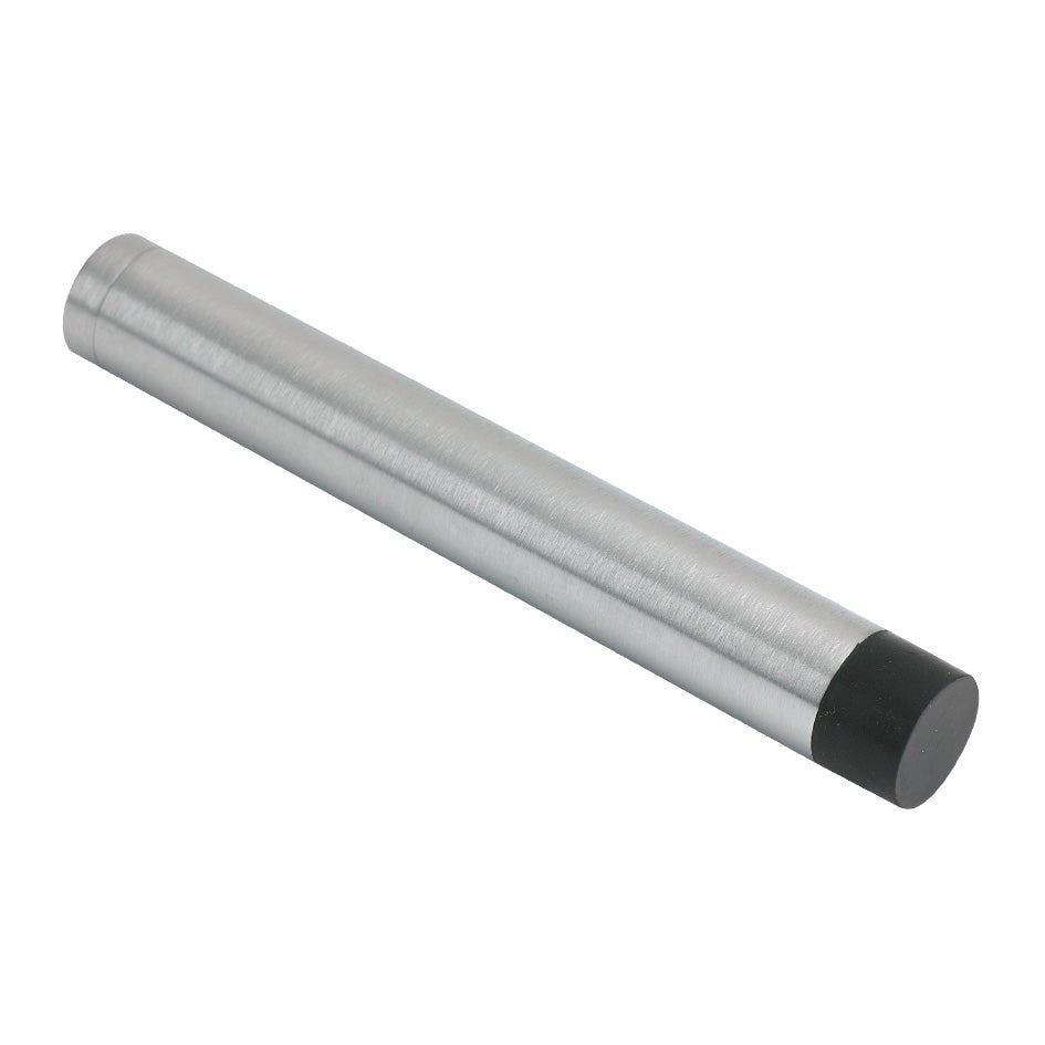 Zoo Hardware Door Stop - Cylinder without Rose measuring 105mm, featuring a brushed aluminum body with a black rubber end cap for stability and functionality.