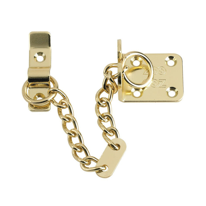 Zoo Hardware Heavy Duty Door Chain with a chain length of 200mm, featuring a shiny gold finish. The set includes a wall-mounted plate and a security latch, designed for durability and added safety.