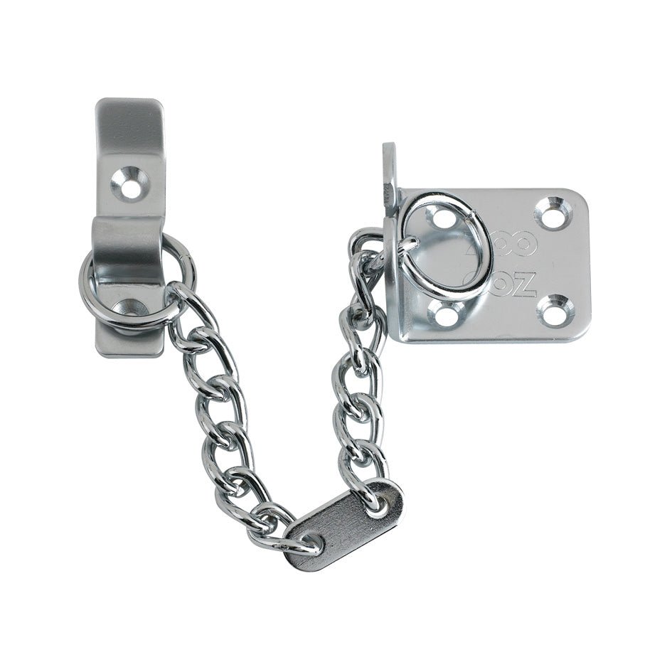 Zoo Hardware Heavy Duty Door Chain with a 200mm chain length, featuring a metal chain attachment and mounting plates in a chrome finish.