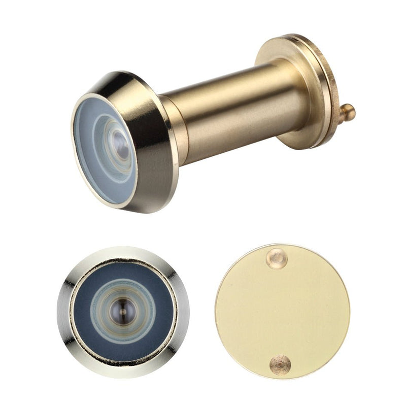 Zoo Hardware Door Viewer with Glass Lens featuring a 14mm diameter and 180° angle of vision, showcasing a polished gold finish and clear lens design.