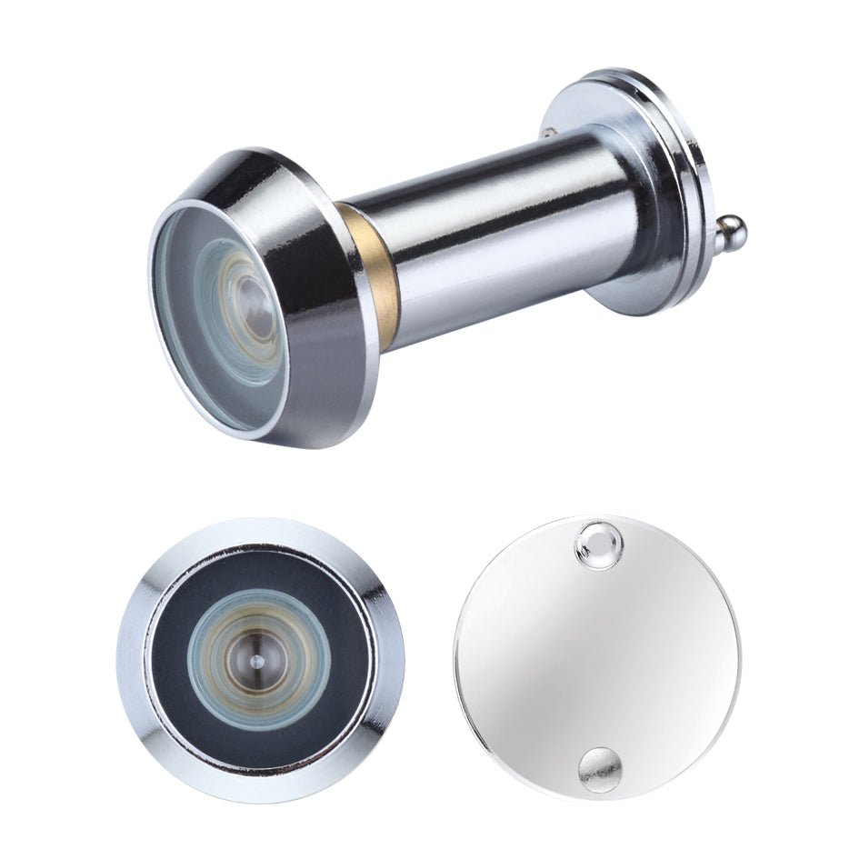 Zoo Hardware Door Viewer with Glass Lens, featuring a 14mm diameter and 180° angle of vision. The product showcases a polished chrome finish with a circular front lens and a sleek design.