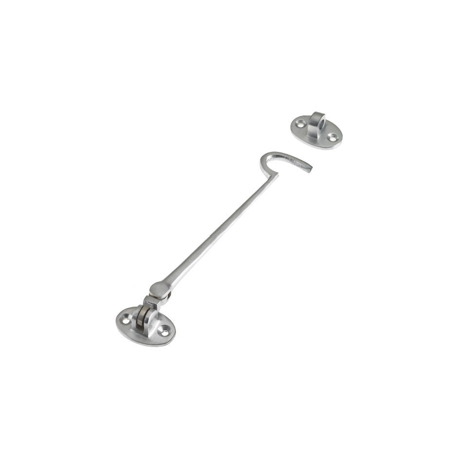 Zoo Hardware Cabin Hook (Lightweight) 8" in a silver finish, featuring a hook design and two mounting plates with rounded edges for secure installation.