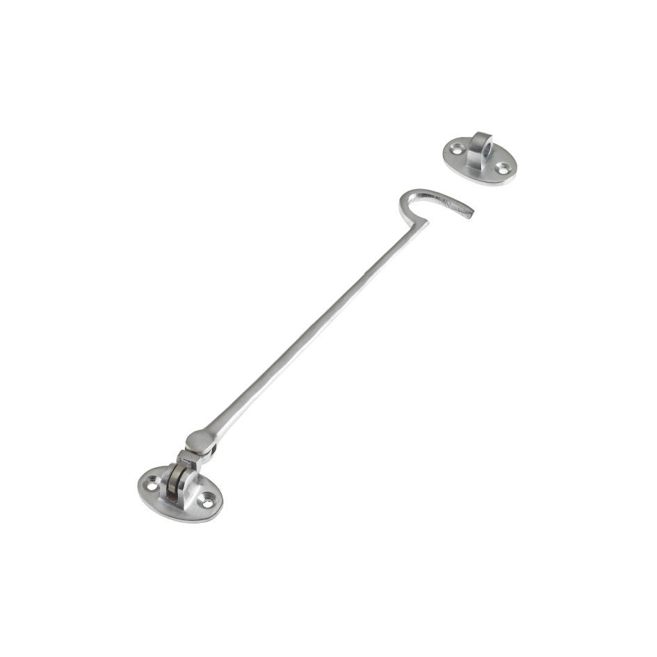 Zoo Hardware Cabin Hook (Lightweight) 10" in a silver finish, featuring a long hook and two mounting plates, designed for securing doors or gates.