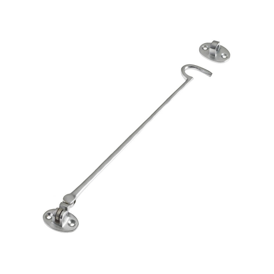Zoo Hardware Cabin Hook (Lightweight) 12" in stainless steel finish, featuring a straight elongated body with a curved hook and two matching mounting plates.