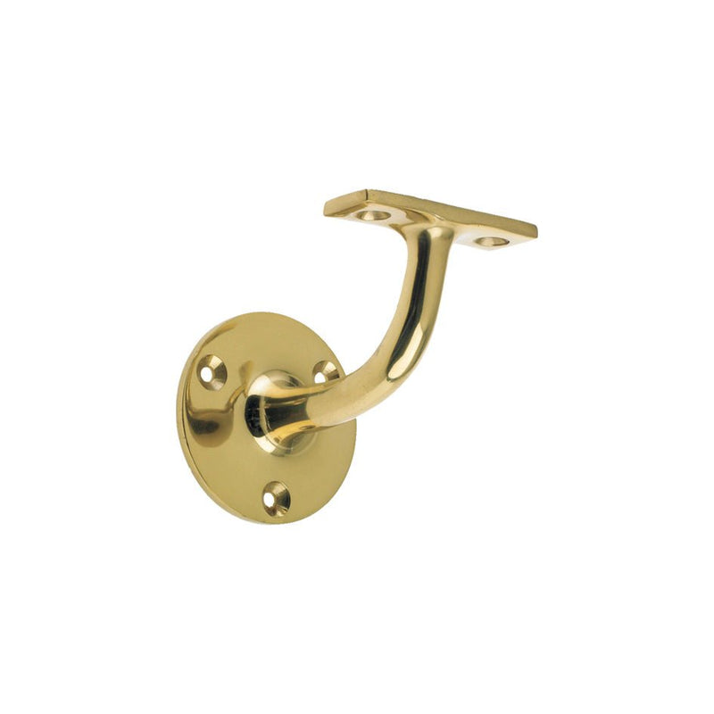 Zoo Hardware Handrail Bracket (Heavyweight) in a polished brass finish, featuring a round base with four mounting holes and a curved arm for support.